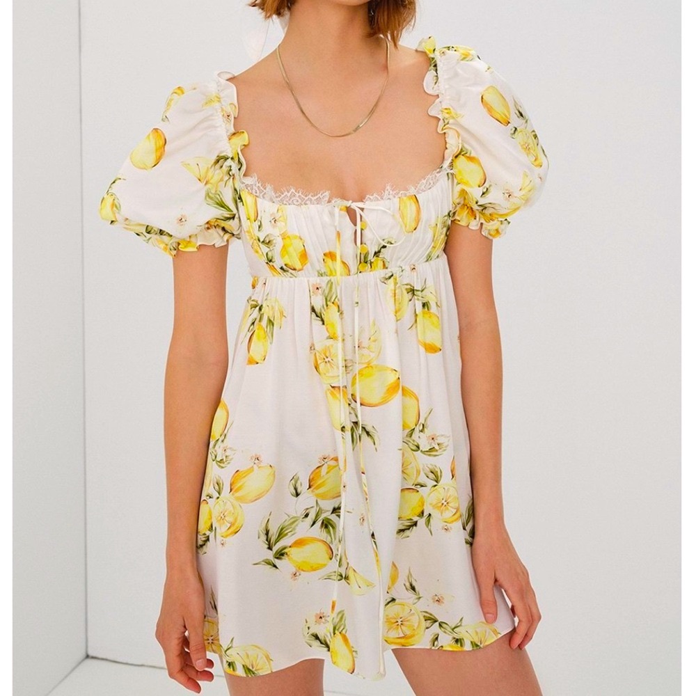 For Love & Lemons x Free People Lemon Print Med 8/10 Ivory Yellow Babydoll Mini